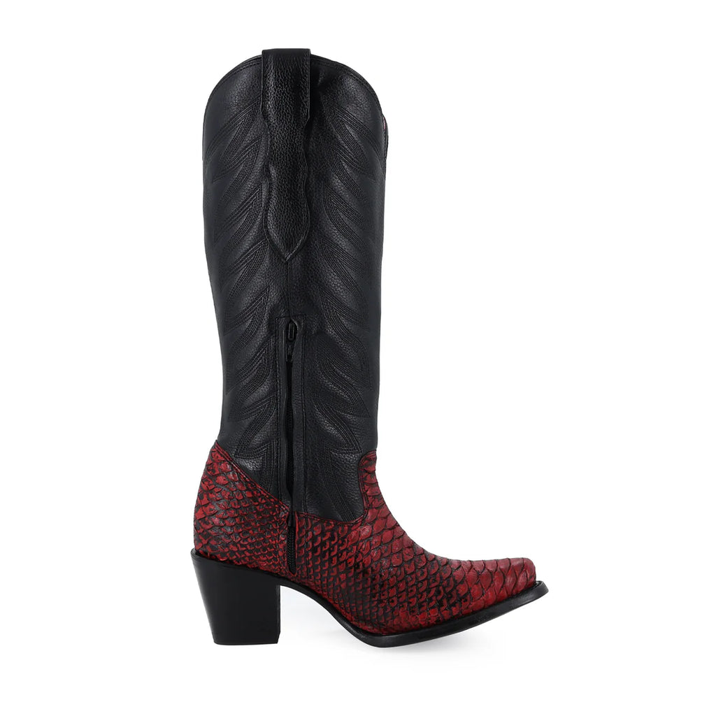 Bota vaquera para dama de piel piton black cherry modelo Bandida