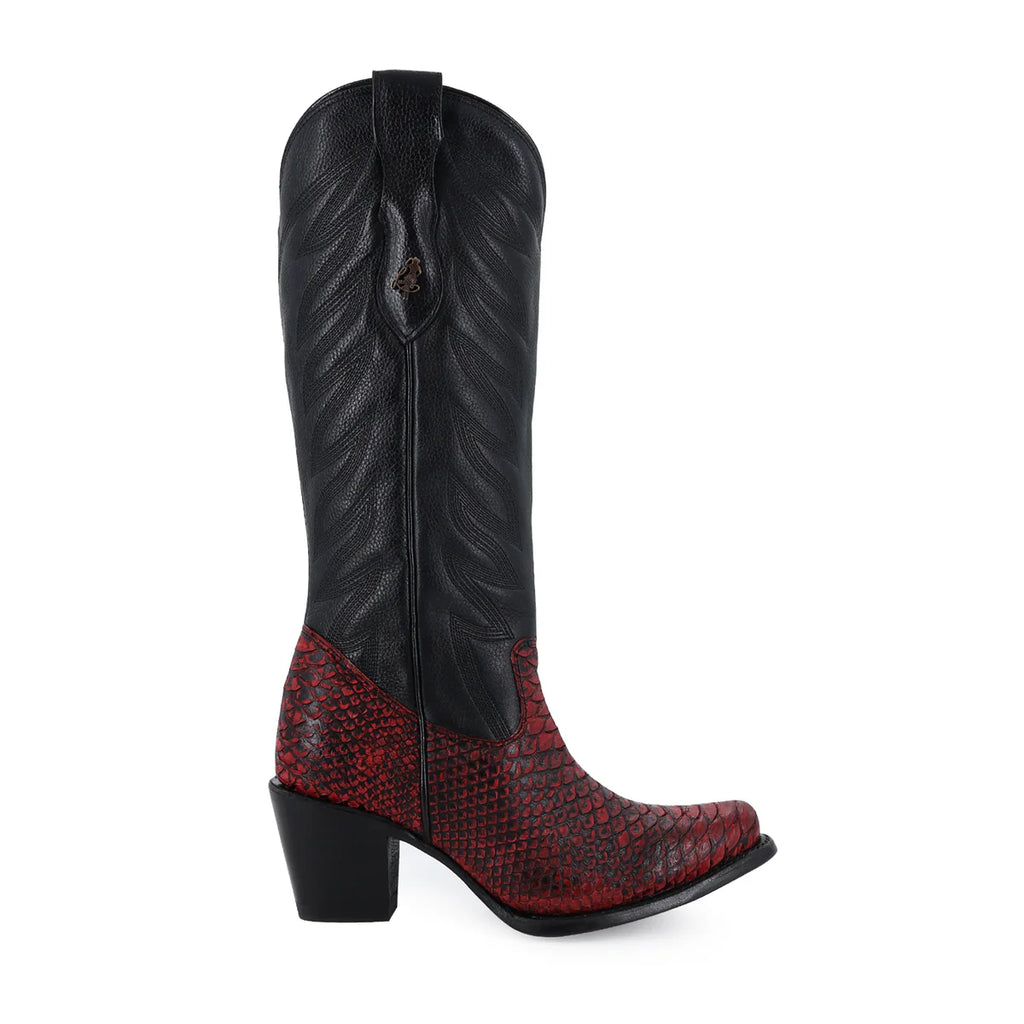 Bota vaquera para dama de piel piton black cherry modelo Bandida