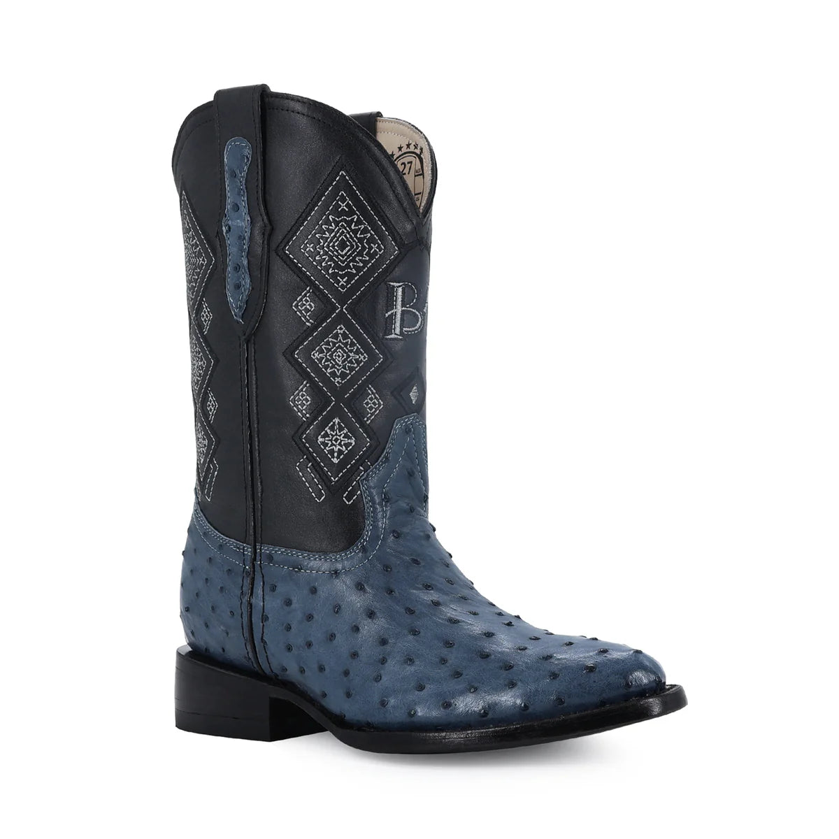 BOTA VAQUERA OVAL AVESTRUZ AZUL MEZCLILLA